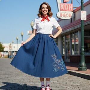 Vintage 50s Circle Skirt Handmade Denim Twirl Skirt Floral Retro Rockabilly